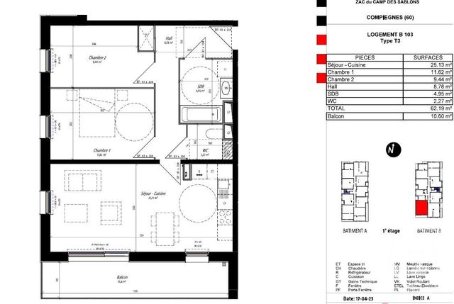 Appartement F3 &agrave; louer - 3 pi&egrave;ces - 62,19 m2 - Compiegne - 60 - PICARDIE